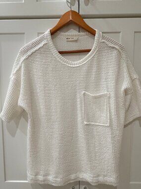 White Waffle Knit Short Sleeve Top Pocket Relaxed Fit Size S